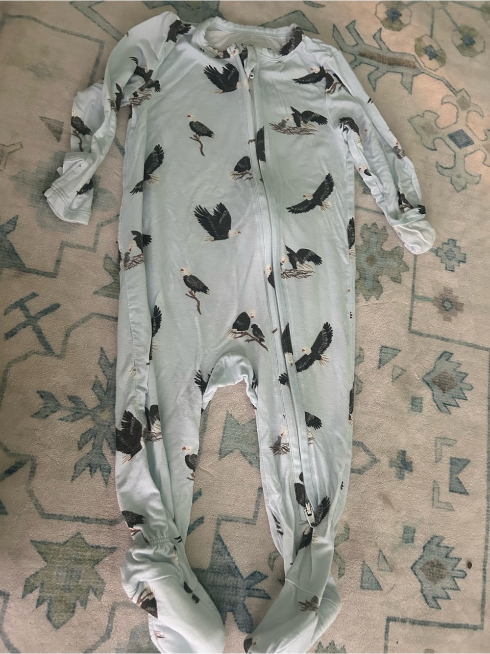 Baby One-Piece Zipper Footed Pajamas in Light Blue Eagle Print